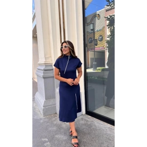 Kadın Kısa Kollu Yakadan Ve Etekten Fermuarlı Midi Viskon Iki Iplik Elbise