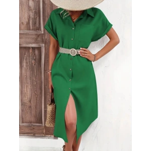 Kadın Kısa Kollu Yakalı Düğme Detay Midi Dokuma Elbise