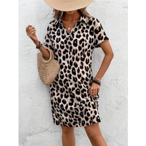 Kadın Kısa Kollu Yakalı Leopar Desenli Süprem Elbise