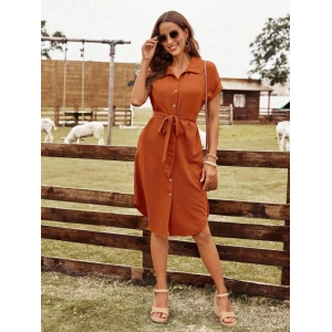 Kadın Kısa Kollu Yakalı önden Düğmeli Beli Kuşaklı Bürümcük Elbise