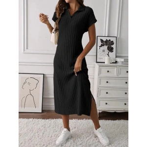 Kadın Kısa Kollu Yakalı Yandan Yırtmaçlı Kalın Fitilli Kaşkorse Elbise