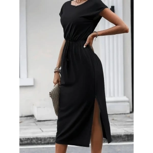 Kadın Kısa Kollu Yakası Açık Belden Kuşaklı Yandan Yırtmaçlı Midi Viskon Elbise