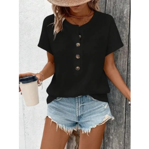 Kadın Kısa Kollu Yakası Açık önden Düğmeli Waffle Bluz