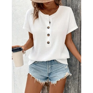Kadın Kısa Kollu Yakası Açık önden Düğmeli Waffle Bluz