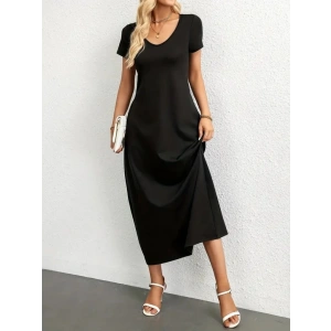 Kadın Kısa Kollu Yakası Yuvarlak Cepli Viskon Elbise