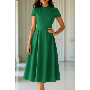 Kadın Kısa Kollu Yarı Balıkçı Yaka Pileli Janjan Krep Midi Elbise