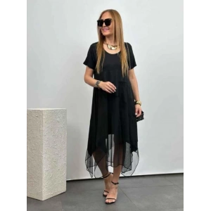 Kadın Kısa Kollu Yuvarlak Tüllü Asimetrik Detaylı Viskon Elbise