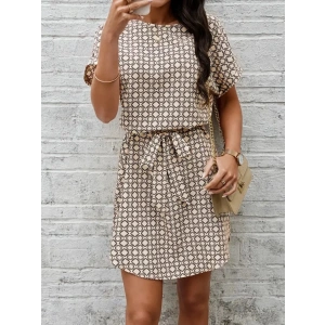 Kadın Kısa Kollu Yuvarlak Yaka Beli Kuşaklı Geometrik Desenli Süprem Elbise