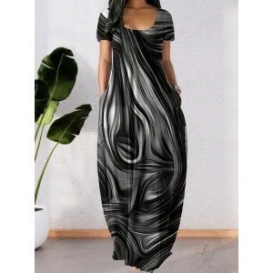 Kadın Kısa Kollu Yuvarlak Yaka Cepli Salaş Baskılı Süprem Elbise