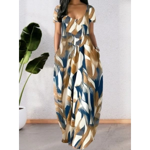 Kadın Kısa Kollu Yuvarlak Yaka Cepli Salaş Baskılı Süprem Elbise