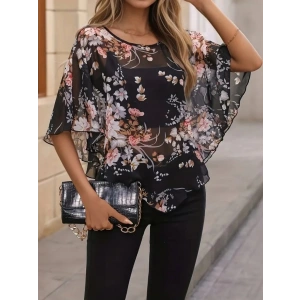 Kadın Kısa Kollu Yuvarlak Yaka çiçek Baskılı Asimetrik Kesim şifon Bluz