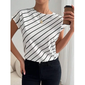 Kadın Kısa Yarasa Kollu Bisiklet Yaka çizgi Desenli Atlas Bluz