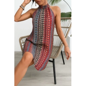 Kadın Kolsuz Boyundan Askılı Desenli Midi Süprem Elbise