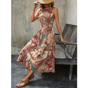 Kadın Kolsuz Boyundan Bağlamalı Beli Lastikli Etnik Desen Baskı Süprem Uzun Elbise