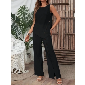 Kadın Kolsuz Düğmeli Asimetrik Detaylı Bürümcük Bluz Ve Pantolon Takım