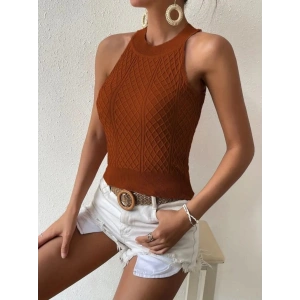 Kadın Kolsuz Halter Yaka Mini Baklava Desenli Triko Bluz