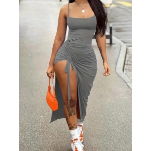 Kadın Kolsuz Ip Askılı Yandan Büzgülü Uzun Viskon Elbise