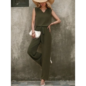 Kadın Kolsuz V Yakalı Aerobin Bluz Ve Belden Kuşaklı Pantolon Ikili Takım