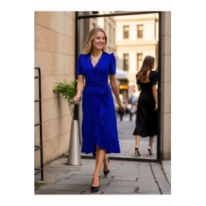 Kadın Kruvaze Yaka Midi Boy Kuşaklı Krep Elbise 120 Cm