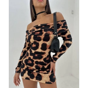 Kadın Madonna Mendil Yaka Leopar Desen Mini Elbise