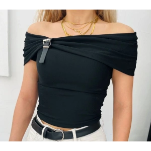 Kadın Madonna Yaka Deri Toka Detay Ottoman Kumaş Bluz