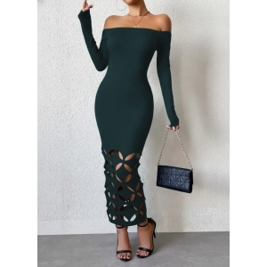 Kadın Madonna Yaka Uzun Kollu Lazer çiçek Kesim Detaylı Uzun Ithal Krep Elbise