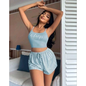 Kadın Mavi Çizgili Desenli Askılı Şortlu Pijama Takım 5001