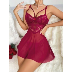 Kadın Kırmızı Fantezi Gecelik Tül Göğüs Dantel Dekolteli Fiyok detaylı 2162