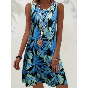 Kadın Mavi Yaprak Baskılı Askılı Süprem Elbise