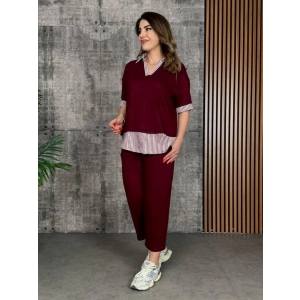 Kadın Modal Kumaş çizgili Gömlek Yaka Ikili Takım