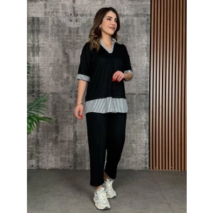 Kadın Modal Kumaş çizgili Gömlek Yaka Ikili Takım