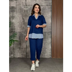 Kadın Modal Kumaş çizgili Gömlek Yaka Ikili Takım