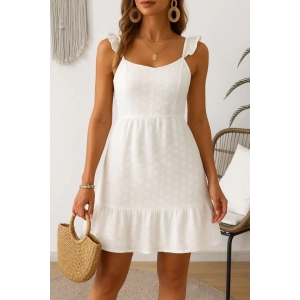 Kadın Omuz Askılı Eteği Volan Detay Brode Elbise