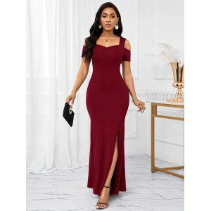 Kadın Omuzlardan Açık Askılı Yırtmaç Detaylı Uzun Ithal Krep Elbise
