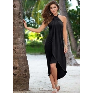 Kadın Omuzlardan Açık Boyundan Geçmeli Asimetrik Kesim Detaylı Viskon Elbise