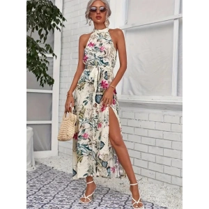 Kadın Omuzlardan Açık Halter Yakalı Yırtmaçlı çiçek Desenli Süprem Elbise