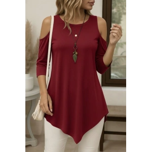 Kadın Omuzlardan Açık Sıfır Yaka Asimetrik Kesim Detay Viskon Bluz