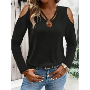 Kadın Omuzlardan Açık Uzun Kollu Yakadan Halka şerit Detaylı Viskon Bluz