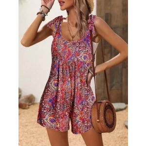 Kadın Omuzlardan Askılı Desenli Geniş Paçalı Süprem Tulum