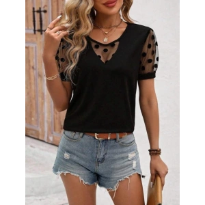 Kadın Puantiyeli Tül Kol Detay Sandy Kumaş Bluz