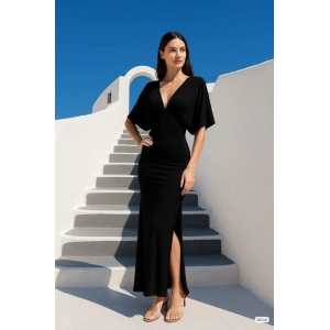 Kadın Sendy Kumaş Yırtmaç Detaylı V Yaka Elbise