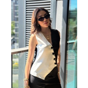 Kadın Sıfır Kol V Yakalı Düğmeli Blok Renkli Atlas Yelek