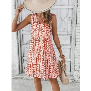 Kadın Sıfır Kol Yakadan Halka Detaylı Desenli Kısa Bürümcük Elbise