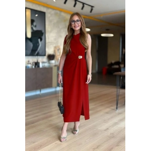 Kadın Sıfır Kollu Bisiklet Yaka Belden Büzgülü Yırtmaç Detaylı Janjan Krep Elbise