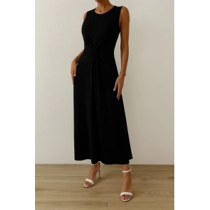 Kadın Sıfır Kollu Bisiklet Yaka Yandan Büzgü Detaylı Viskon Elbise