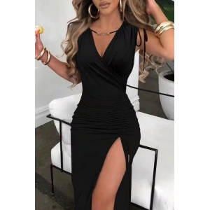 Kadın Sıfır Kollu V Yakalı Yırtmaç Detaylı Beli Büzgülü Omuzdan Bağcıklı Sandy Maxi Elbise