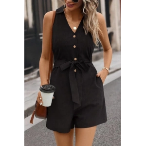 Kadın Sıfır Kollu Yakalı Düğmeli Belden Kuşaklı Kısa Keten Tulum