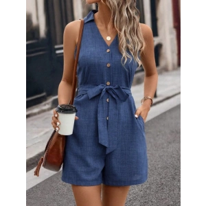 Kadın Sıfır Kollu Yakalı Düğmeli Belden Kuşaklı Kısa Keten Tulum