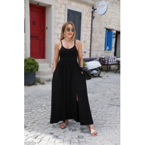 Kadın Sırttan çapraz Bağcıklı Yırtmaçlı Cepli Viskon Elbise