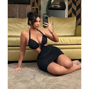 Kadın Siyah Halka Detaylı Göğüs Dekolteli Boyun ve Sırttan Bağlamalı Gece Elbisesi Gecelik Fantezi Elbise 5115